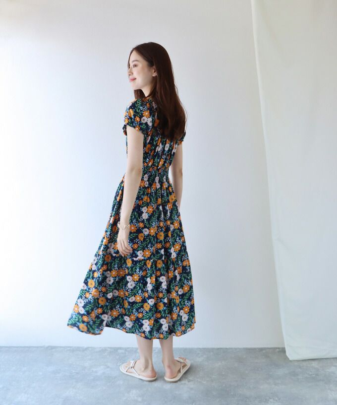 日本 BLUE EAST - 絕美平口縮腰泡泡袖洋裝-碎花-藍