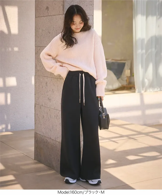 日本 Kobe Lettuce - 極上溫暖 裏起毛運動風寬版長褲-灰