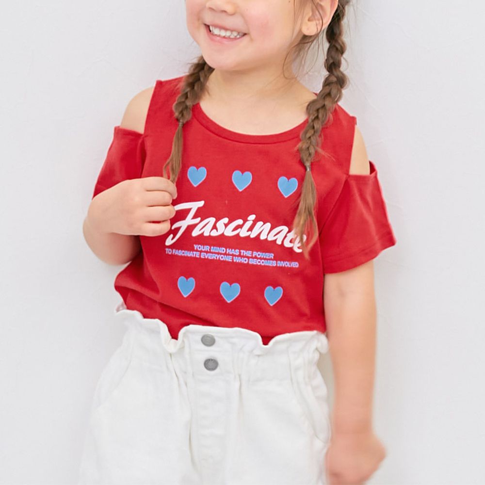 女孩運動風設計款短袖T恤-肩開口-紅