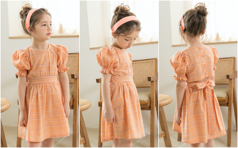 韓國 Merry Kate - (剩XL)公主泡泡袖氣質格紋洋裝-橘