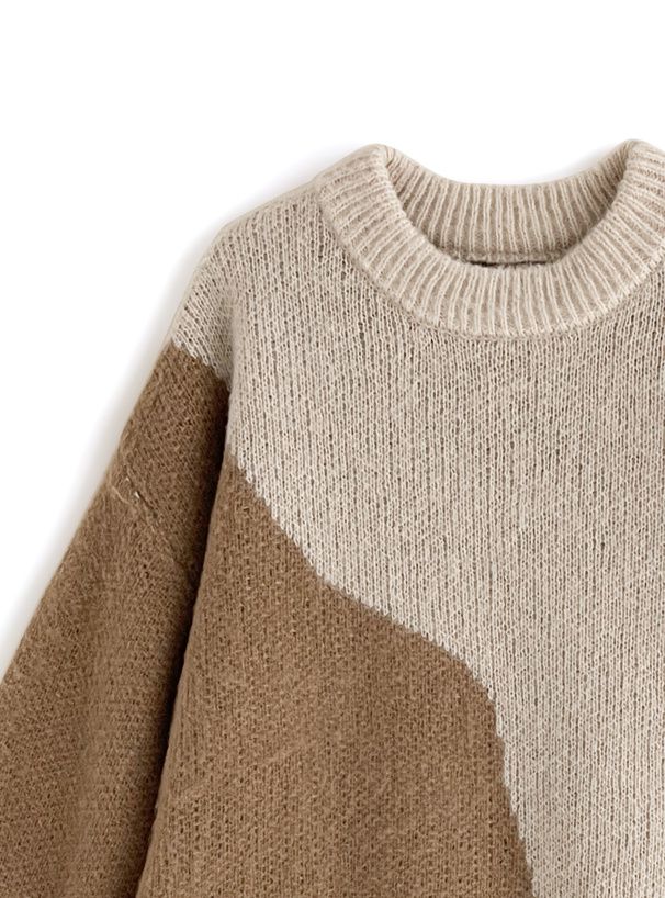 日本 GRL - 圓領不規則撞色落肩毛衣-深灰 (F)