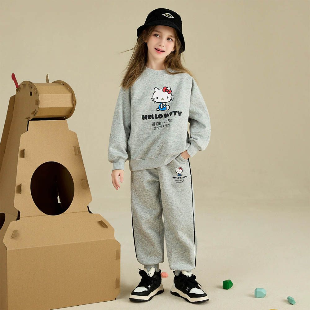 運動休閒長袖上衣+長褲套裝-卡通人物Hello Kitty-灰色
