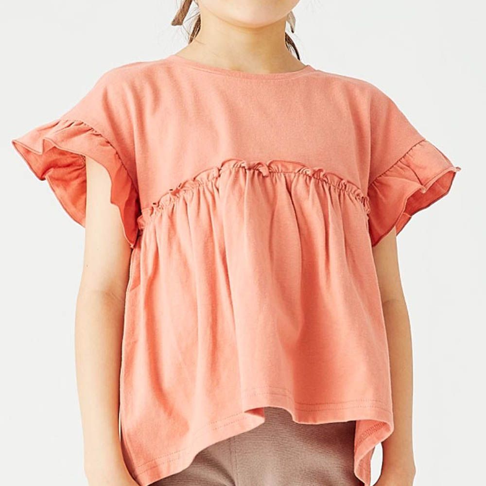 100%棉 定番特色短袖上衣-胸拼接-粉橘