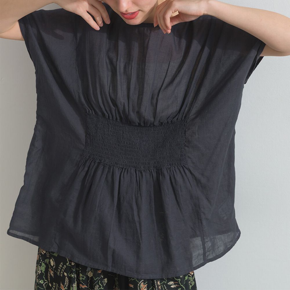 印度棉 人字紋清爽飄逸瘦腰短袖上衣-黑