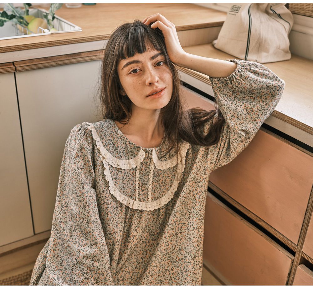 韓國 ULLALA - 浪漫碎花純棉長袖睡衣-(洋裝式)-薄荷綠 (FREE)