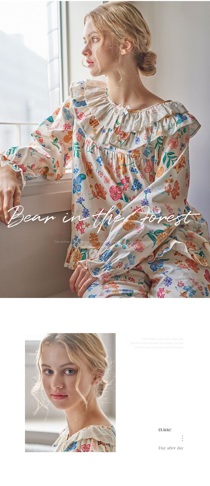 韓國 ULLALA - 童話熊花園荷葉領長袖睡衣套裝-淡黃 (FREE)
