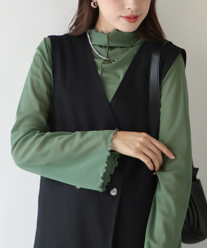 日本 BLUE EAST - 百搭木耳捲邊長袖上衣-白杏