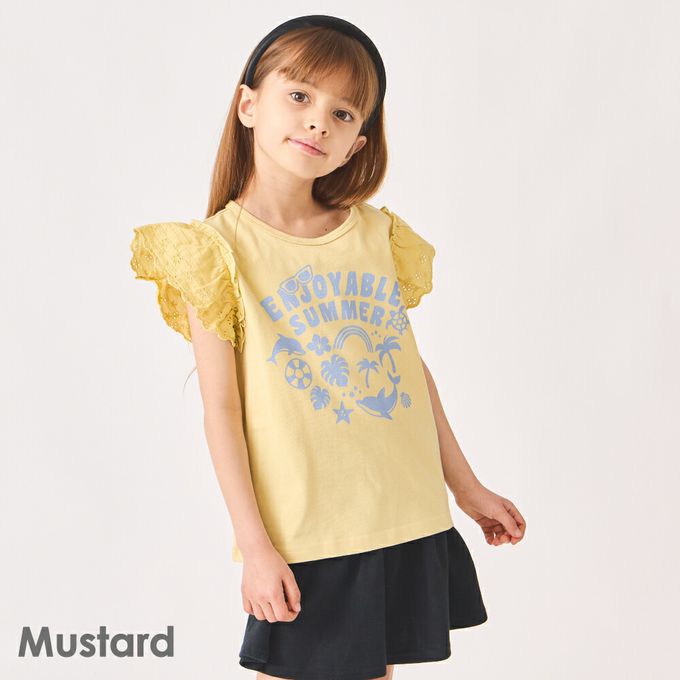 日本 evercloset - 100%棉 蕾絲荷葉邊印花短袖上衣-水藍