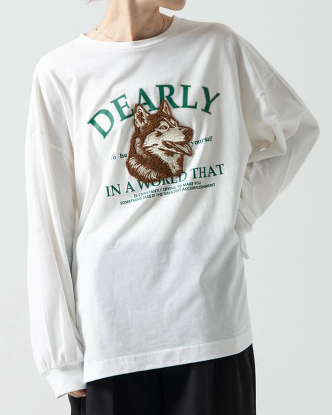 日本 gleam - 相良刺繡哈士奇印花帥氣長袖T恤-白