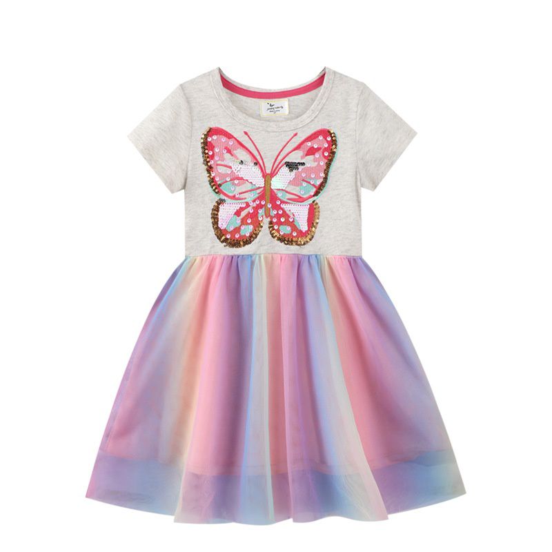 Jumping meters - 棉質圓領短袖網紗洋裝-蝴蝶-灰色