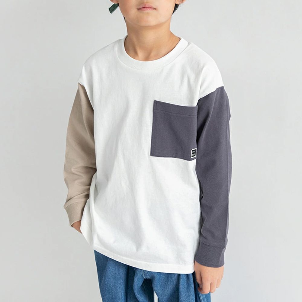 100%棉 簡約口袋長袖上衣-灰棕撞色-白