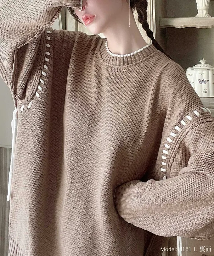 日本 Classical Elf - Java 落肩滾邊縫線粗針織長版上衣-卡其x橘