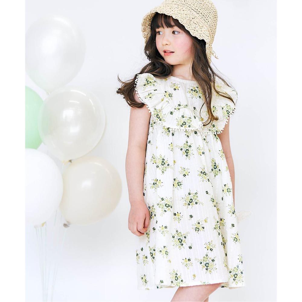日本 apres les cours - 正式感背後蕾絲緞帶荷葉肩洋裝-米白綠花