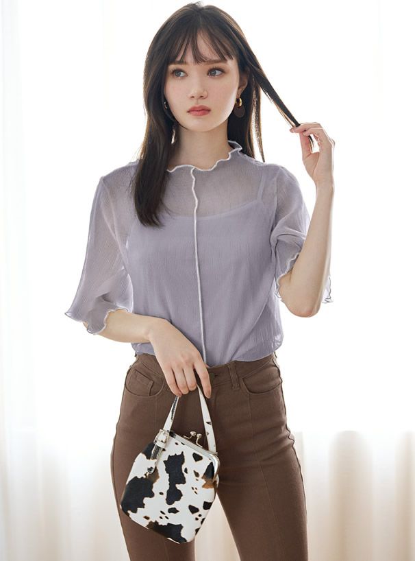 日本 GRL - 復古木耳滾邊透膚短袖上衣(附內裡)-奶油杏