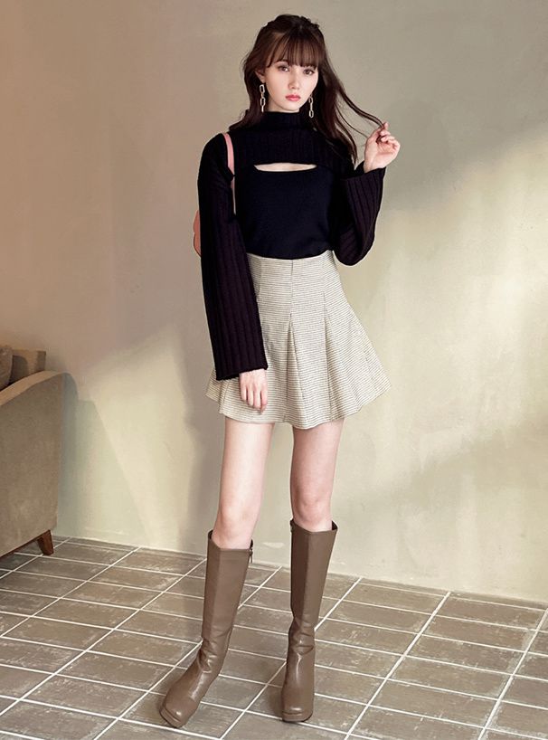 日本 GRL - 小立領羅紋兩件式針織上衣-灰藍 (F)