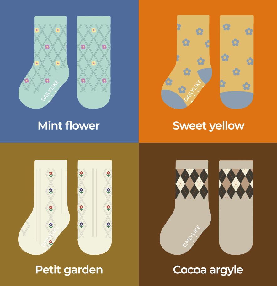 韓國 Daily Like - 兒童襪子/中筒襪4入組-復古花邊01