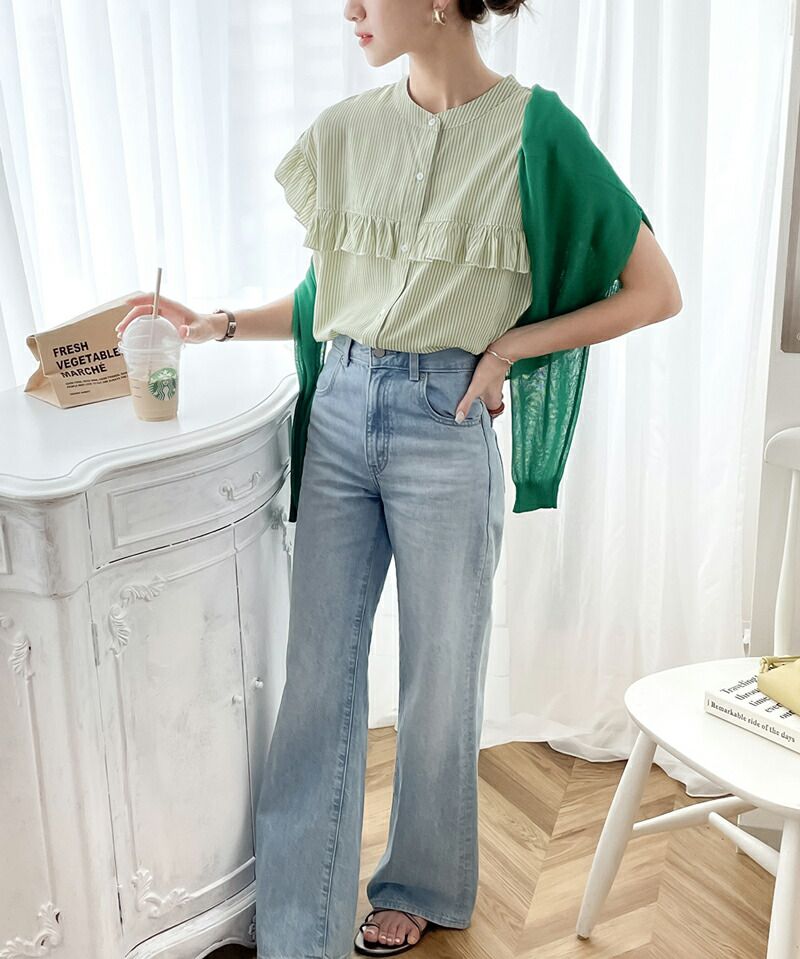 日本 Classical Elf - 荷葉邊點綴圓領短袖襯衫-果綠