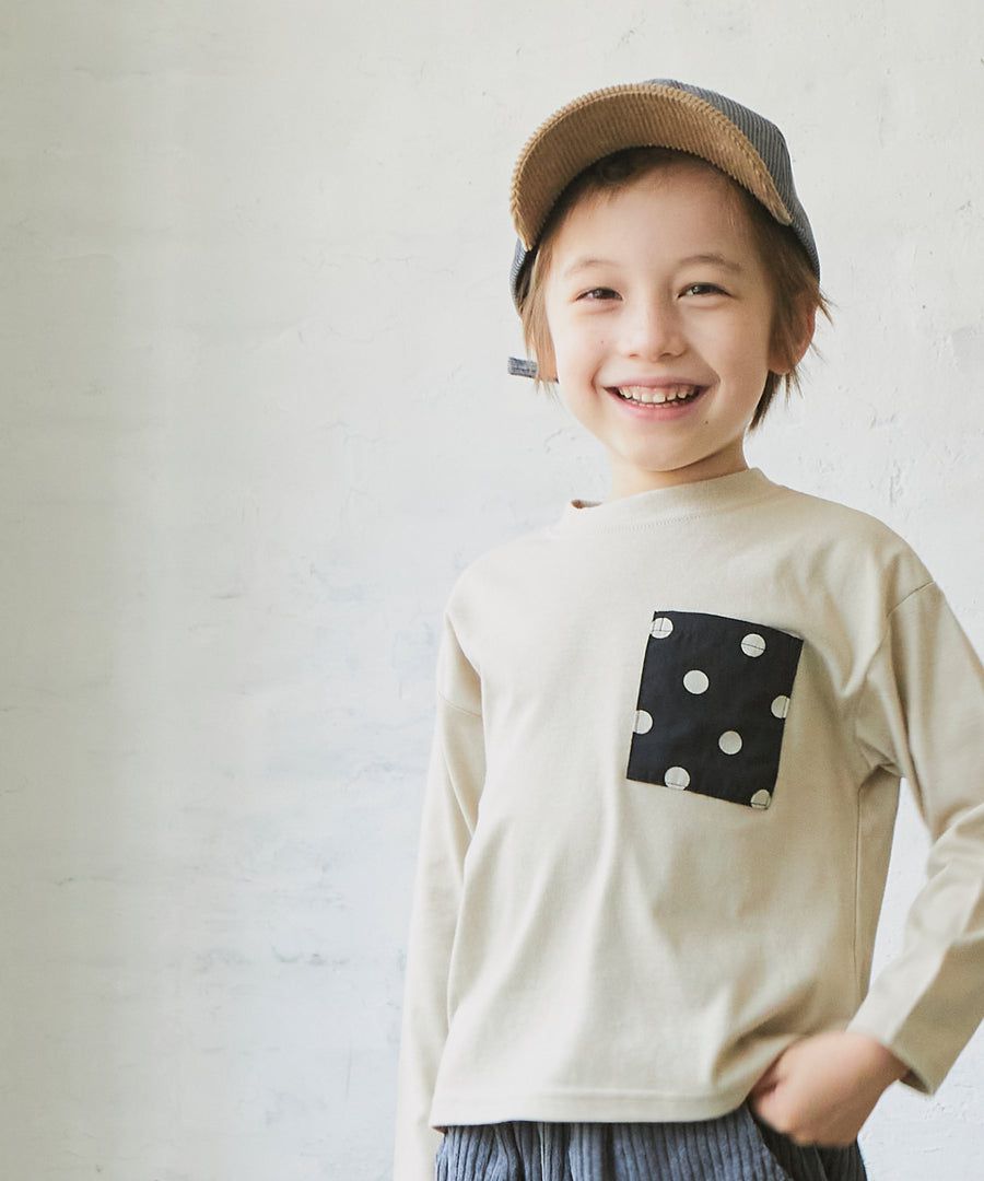 日本 PAIRMANON - 拼接口袋圓領薄長袖上衣-格紋-藍灰