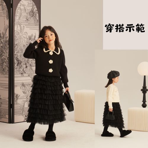 氣質多層次軟網紗蛋糕長裙-黑色