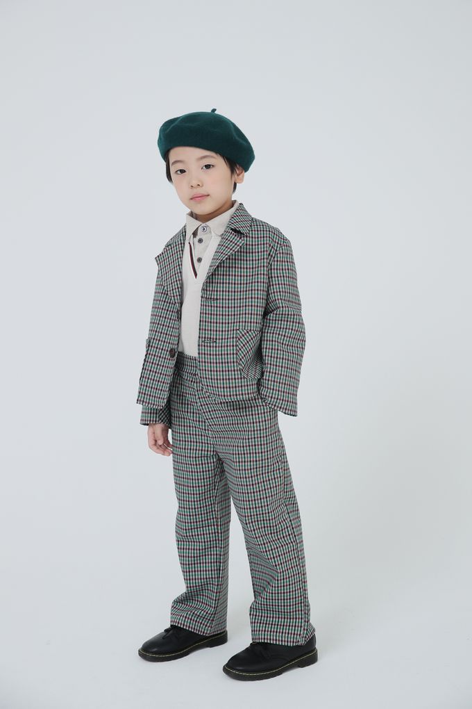 韓國 Coco Bang - 多彩色線格紋翻領西裝外套-咖X紅X綠X藍紫