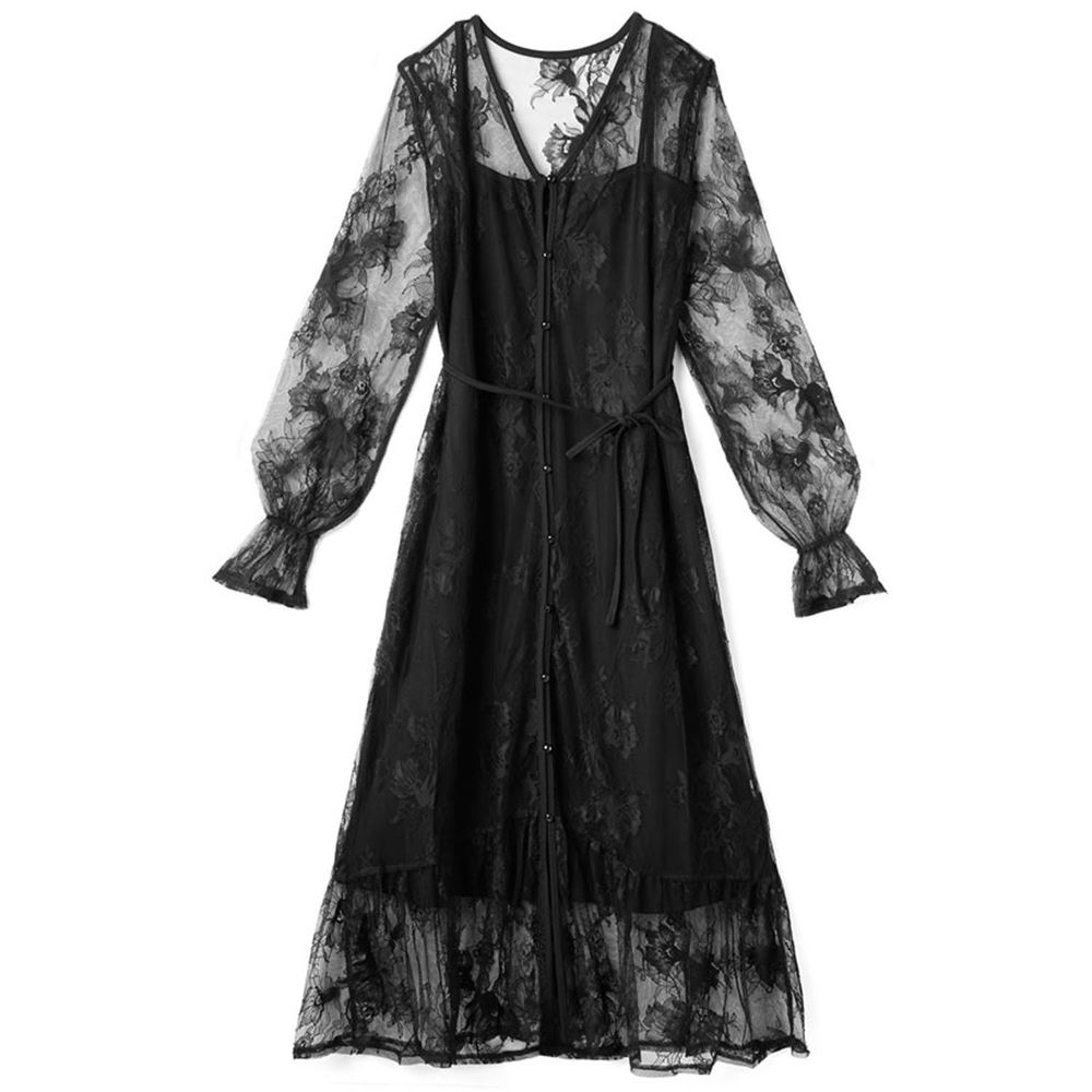 日本 GRL - 浪漫花刺繡綁帶透膚長袖洋裝-神秘黑
