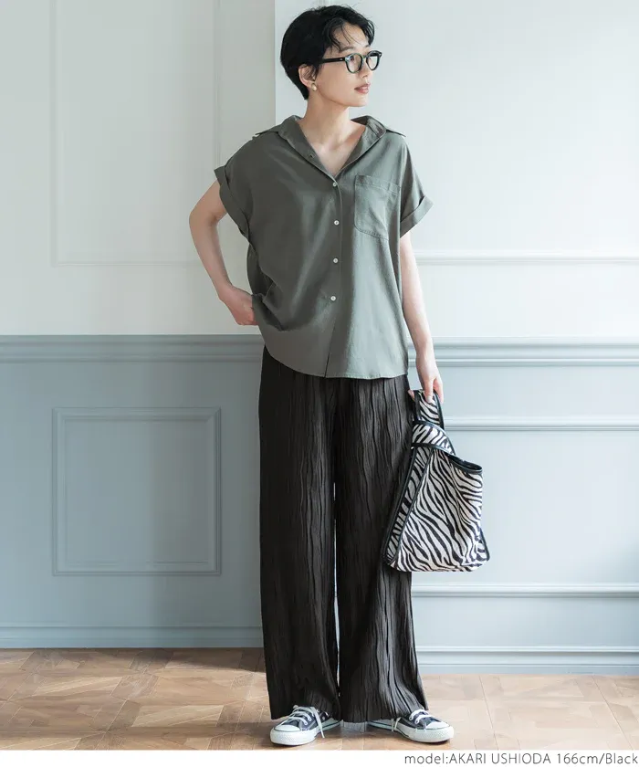 日本 COCA - [可剪裁] 百搭波浪紋垂墜寬褲-草綠