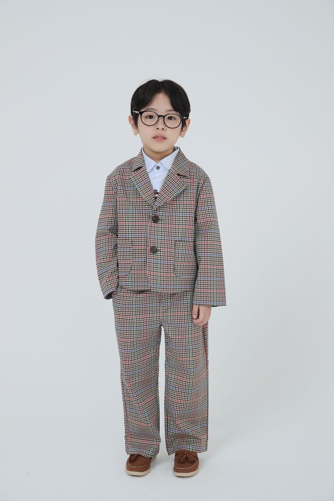 韓國 Coco Bang - 多彩色線格紋翻領西裝外套-咖X紅X綠X藍紫