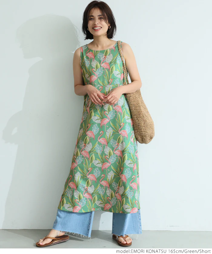 日本 COCA - 熱帶風情印花無袖洋裝-黑