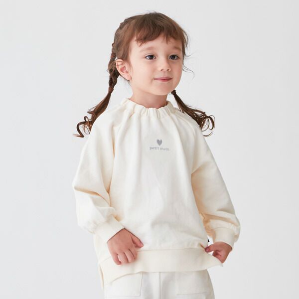 日本 petit main - 可愛女孩純棉長袖上衣-愛心-藍