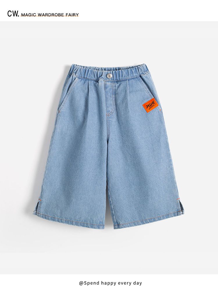 腰鬆緊牛仔七分寬褲-裝飾小標籤-淺藍色