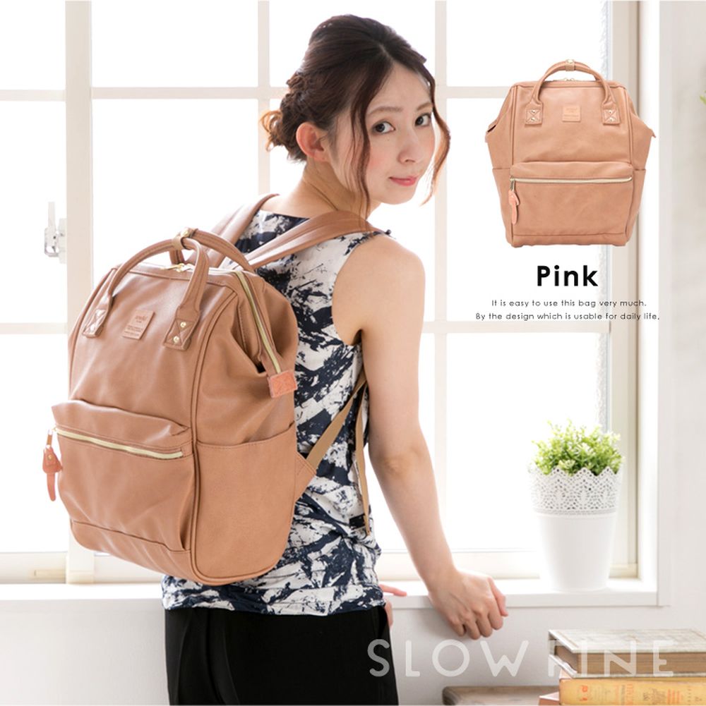 防潑水大開口皮革後背包日用包-Regular大尺寸-PI奶茶色