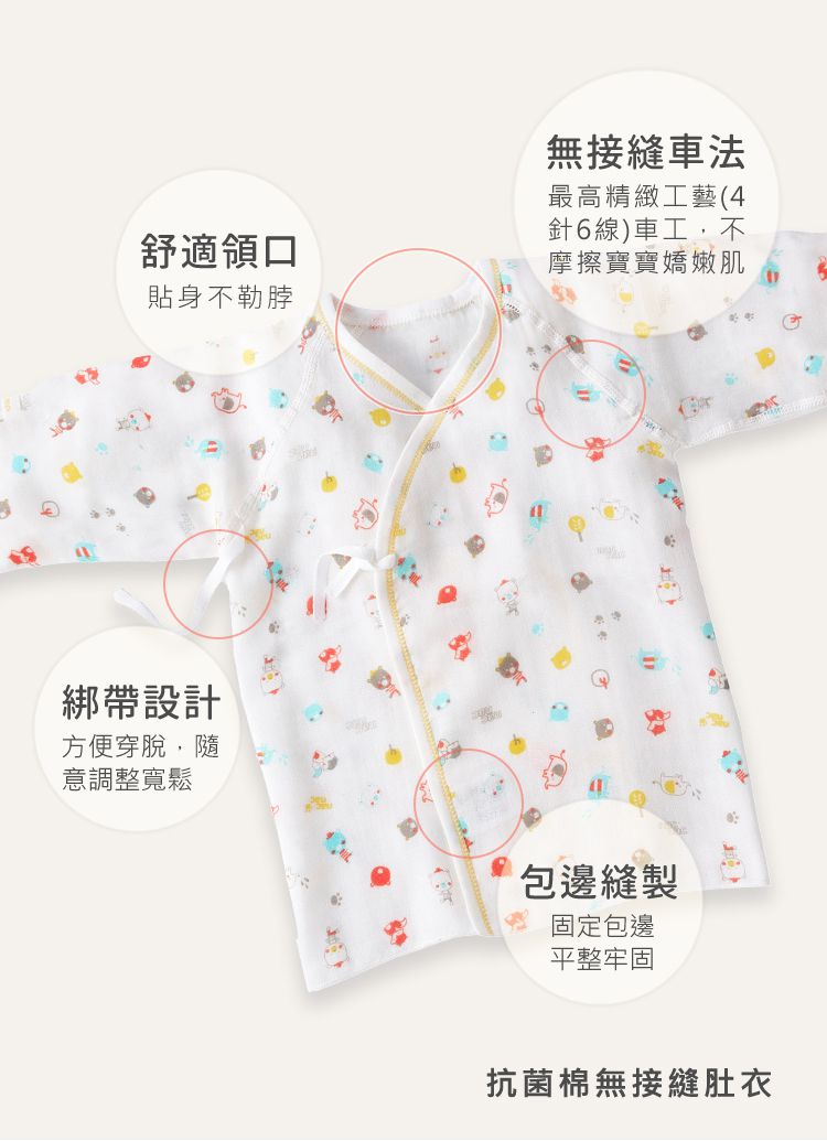 nac nac - 天絲抗菌棉無接縫肚衣(1入)-動物繽紛樂