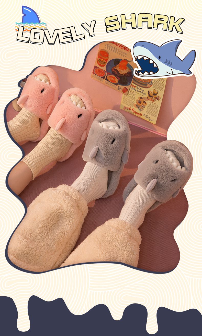 毛毛保暖室內拖鞋-可愛鯊魚-藍色