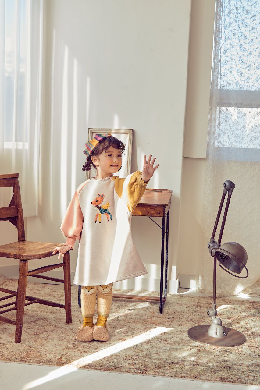 韓國 Mimico - (裏起毛)(附髮帶)立體小鹿拼接色泡泡袖洋裝