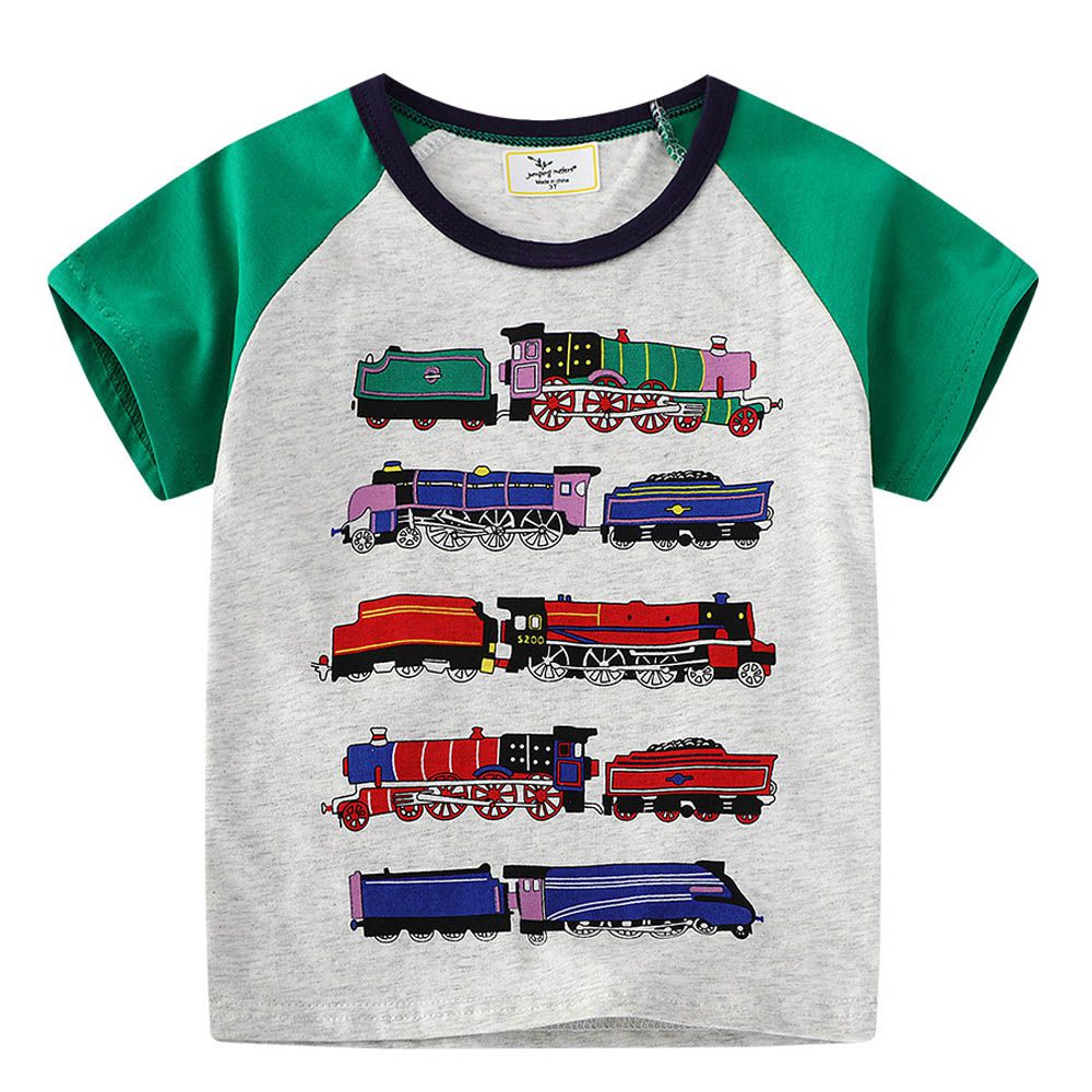 棉質圓領短袖上衣-火車運輸-拼色灰綠