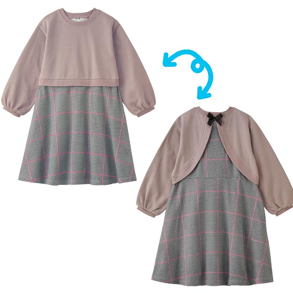 日本千趣會 - 背後蝴蝶結假二件拼接長袖洋裝-棕x灰格紋