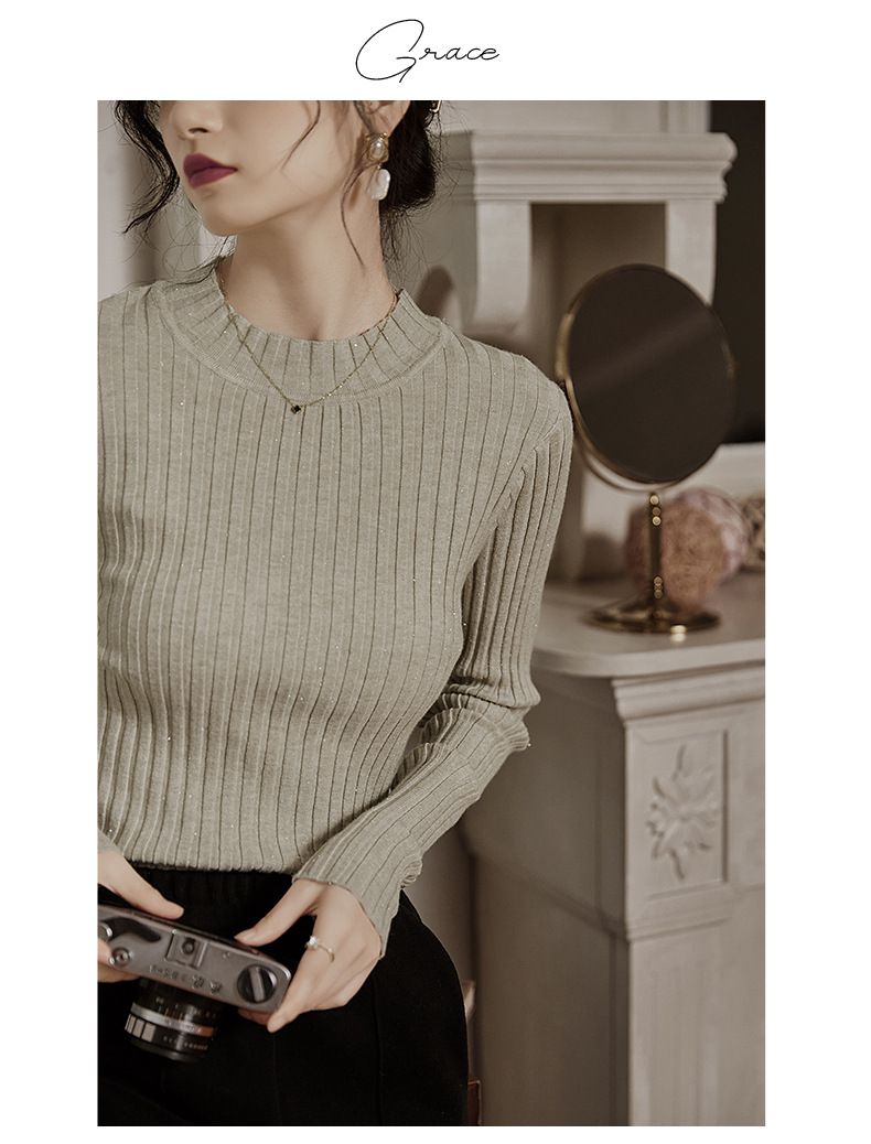 優雅百搭坑條修身針織上衣-燕麥色