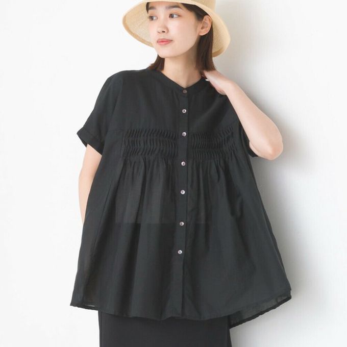 日本 OMNES - 100%印度棉 皺摺傘狀短袖襯衫-綠條紋