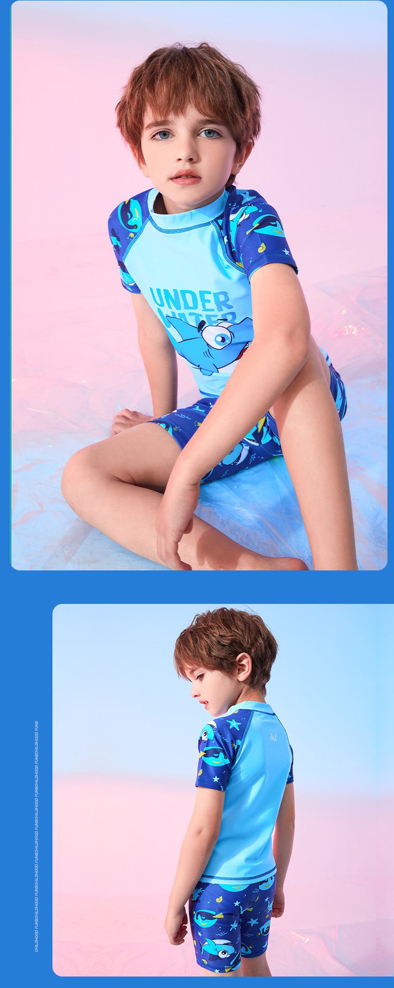 361° - 兒童卡通圖短袖泳衣套裝(二件組)-浮淺鯊魚-粉色