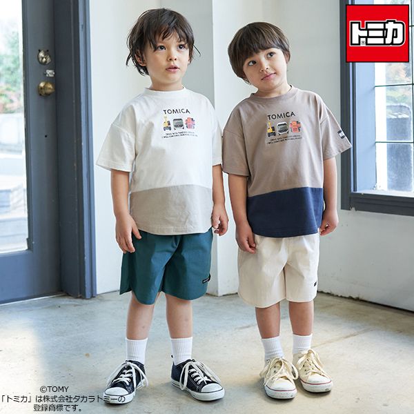 日本 b-ROOM - TOMICA聯名 印花短袖上衣-撞色-白x卡其