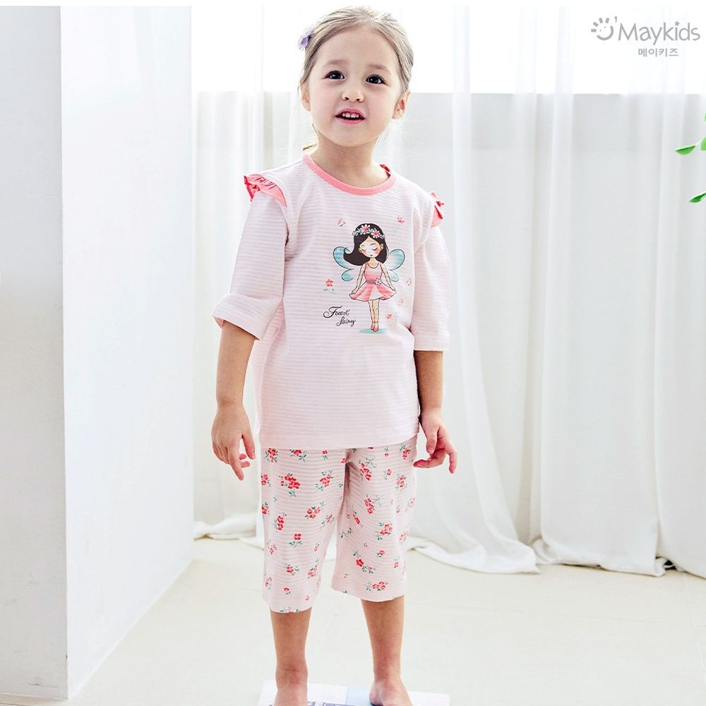 透氣條紋提花棉七分袖家居服-花朵精靈-粉