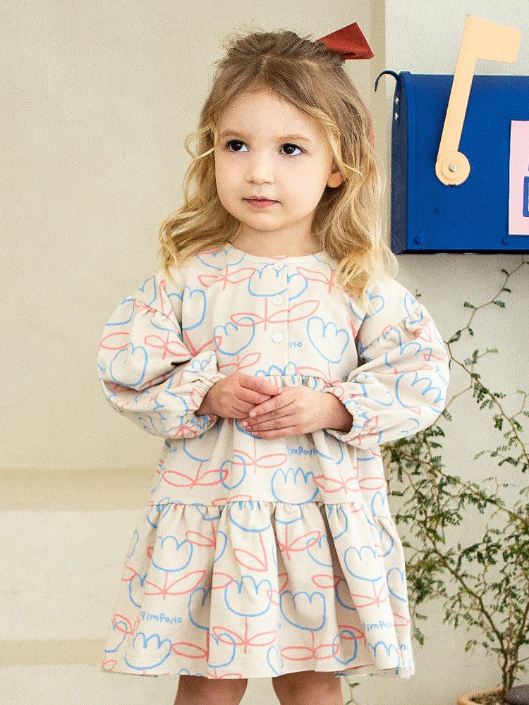 韓國Pimpollo - 可拆翻領可愛花朵洋裝-灰