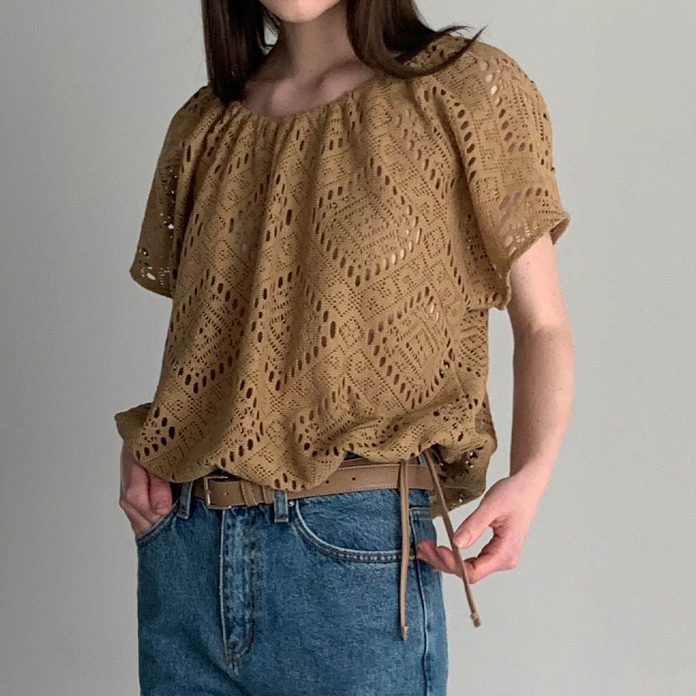風情鏤空下襬抽繩短袖上衣-駝 (FREE)