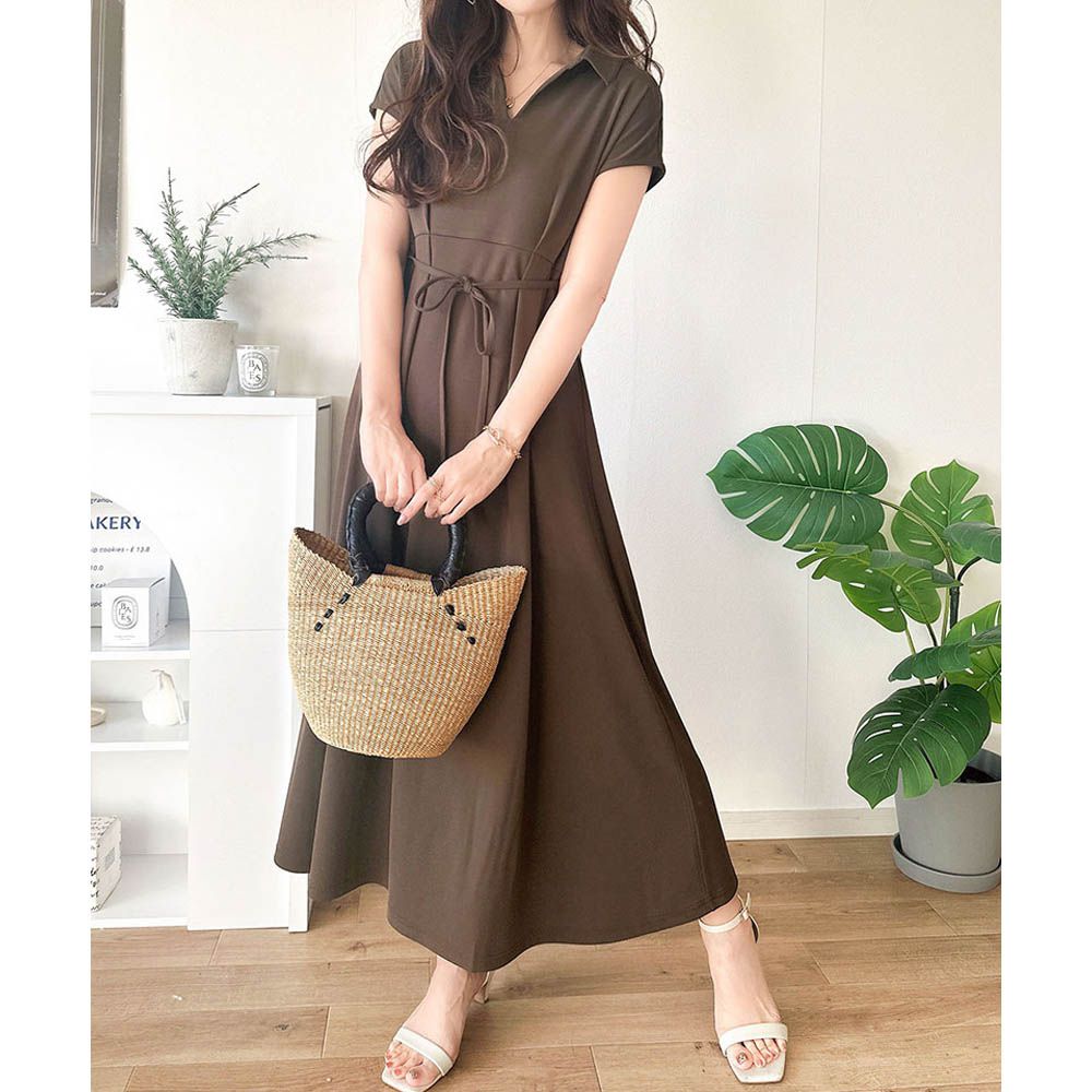接觸冷感 優美V領腰綁帶短袖洋裝-長版-咖啡