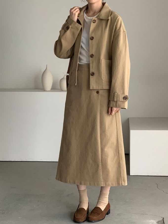韓國女裝連線 - 後鬆緊鈕扣點綴A字長裙-卡其 (FREE)