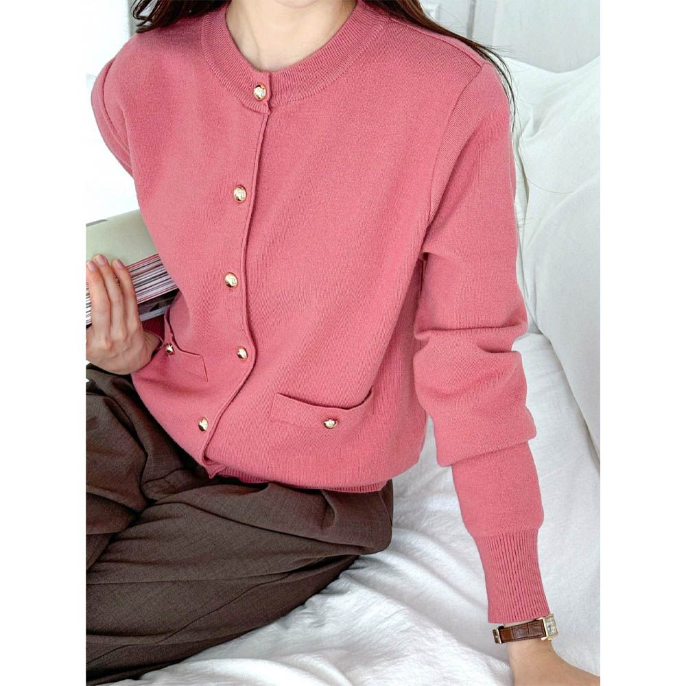 氣質金屬釦無領針織外套-玫瑰粉 (FREE)