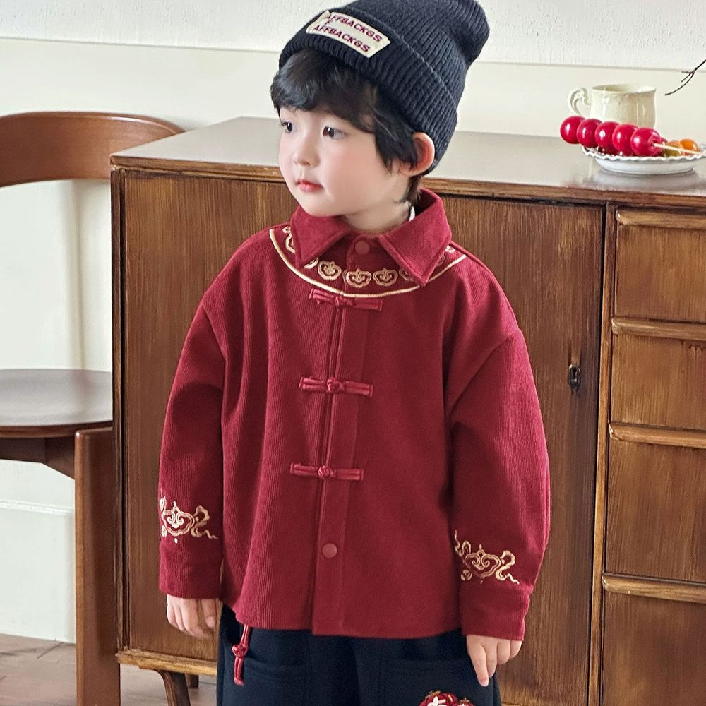 加絨保暖盤扣燈芯絨襯衫-紅色