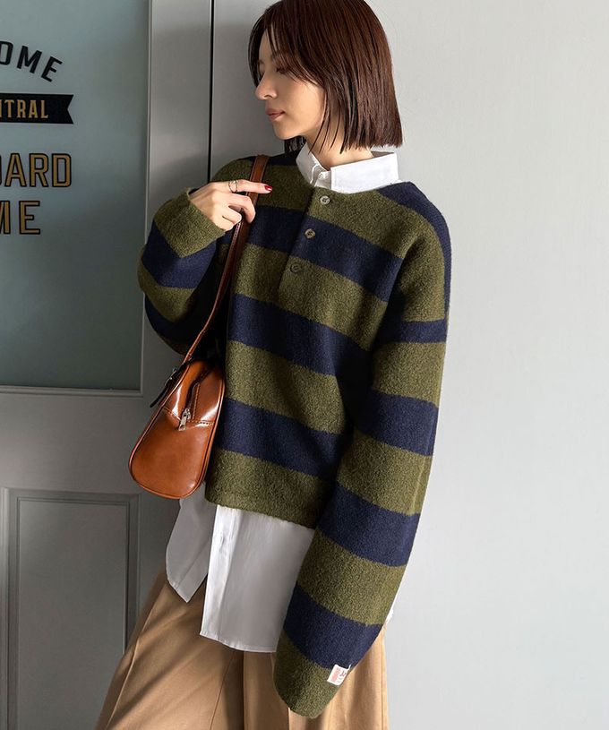 日本 Classical Elf - Java 率性亨利領寬鬆厚針織上衣-黑x灰