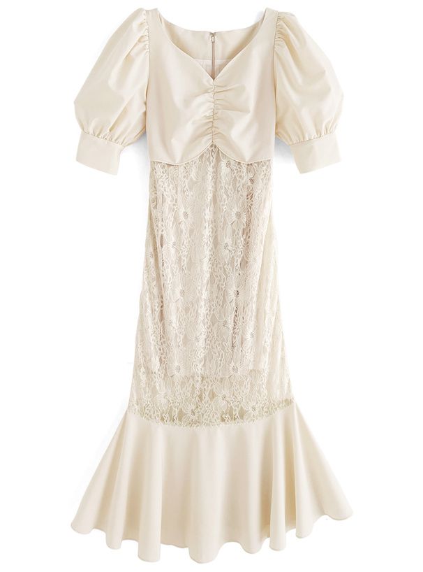 日本 GRL - 公主浪漫蕾絲拼接魚尾洋裝-經典黑