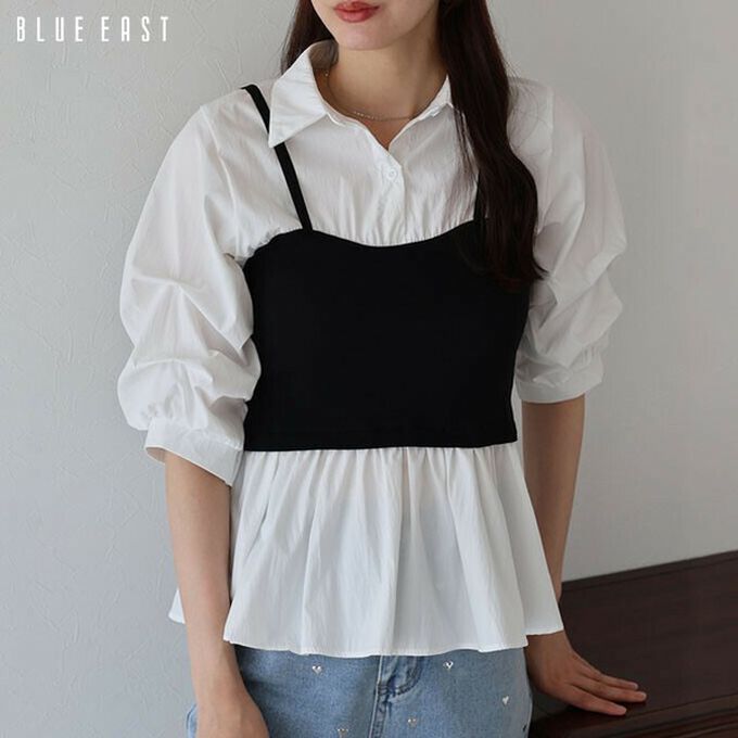 日本 BLUE EAST - 假二件俐落時尚疊穿五分袖上衣-黑x水藍